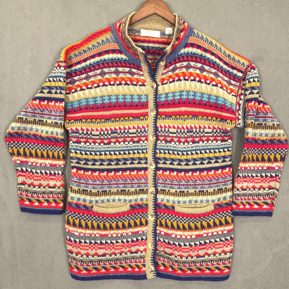 Vintage Segrets Shetland Wool Cardigan Women M Multicolor Fair Isle Long Sweater